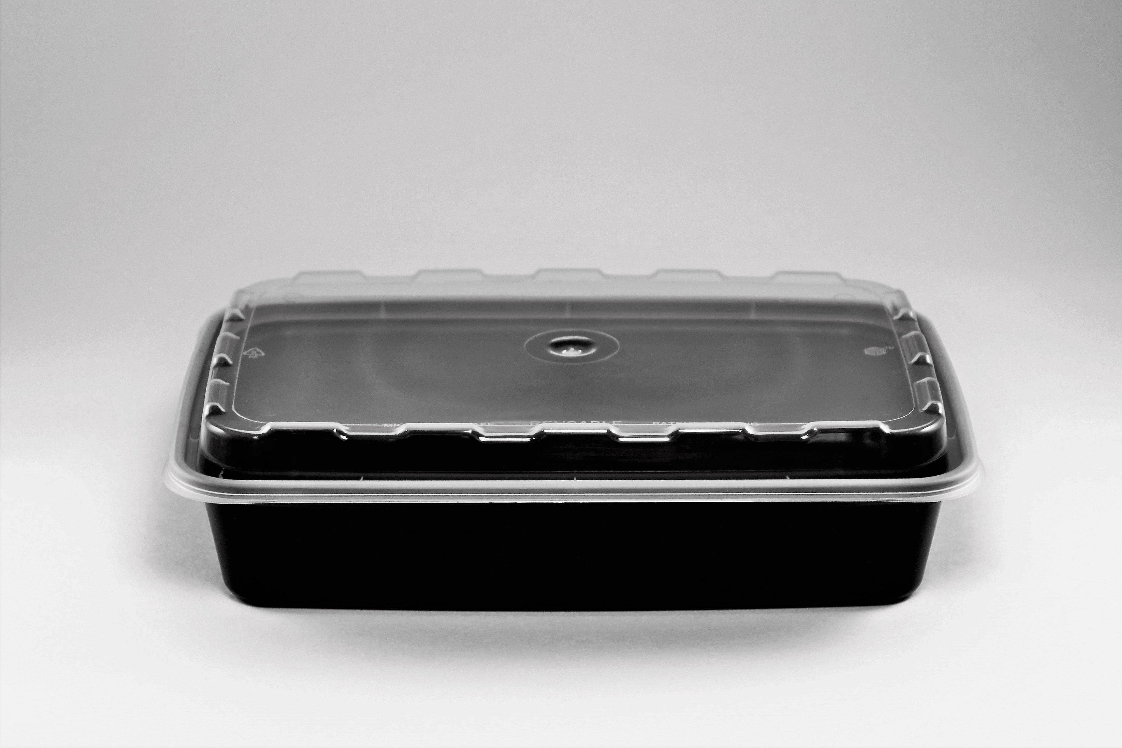 Take-Out Container Base & Lid Combo 28 OZ Plastic Black Clear Oblong 150/Case
