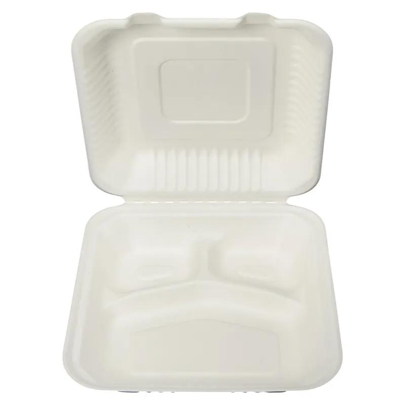 Victoria Bay Take-Out Container Hinged 9X9X3 IN 3 Compartment Pulp Fiber White Square 200/Case