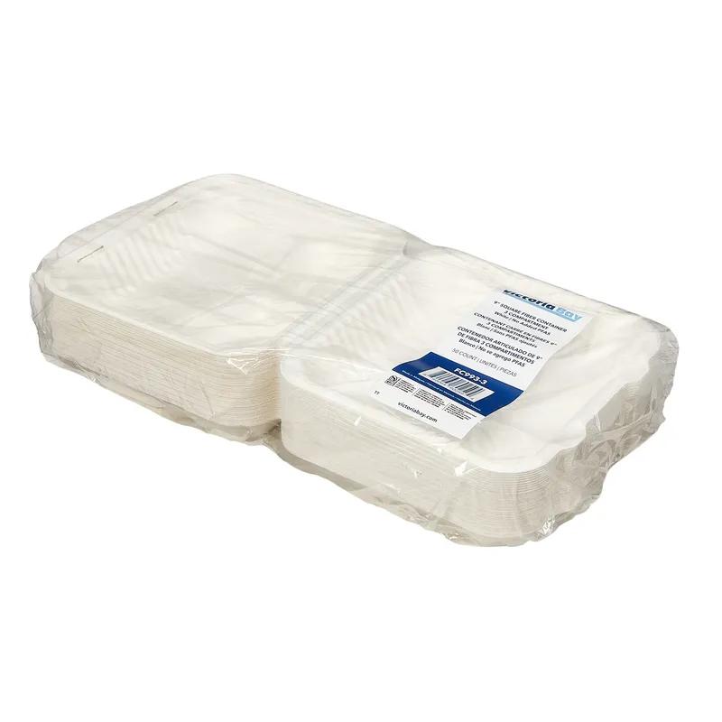 Victoria Bay Take-Out Container Hinged 9X9X3 IN 3 Compartment Pulp Fiber White Square 200/Case