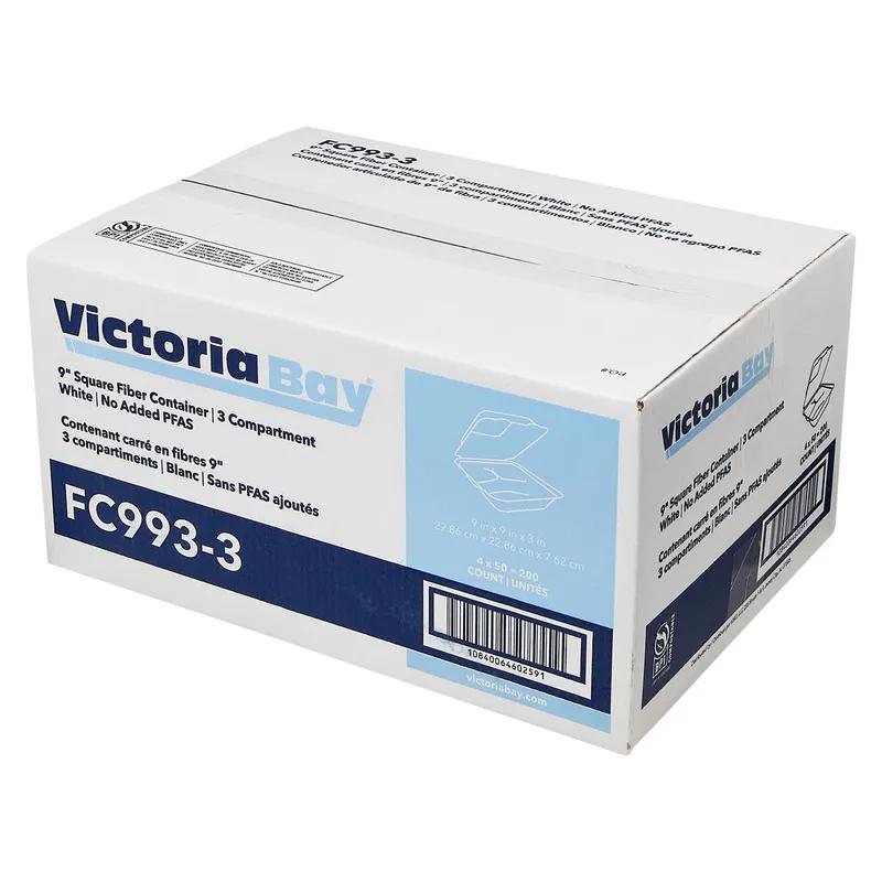 Victoria Bay Take-Out Container Hinged 9X9X3 IN 3 Compartment Pulp Fiber White Square 200/Case