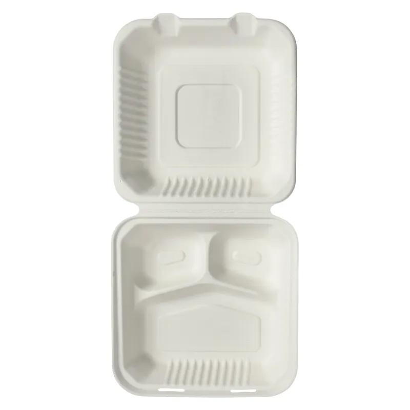 Victoria Bay Take-Out Container Hinged 9X9X3 IN 3 Compartment Pulp Fiber White Square 200/Case