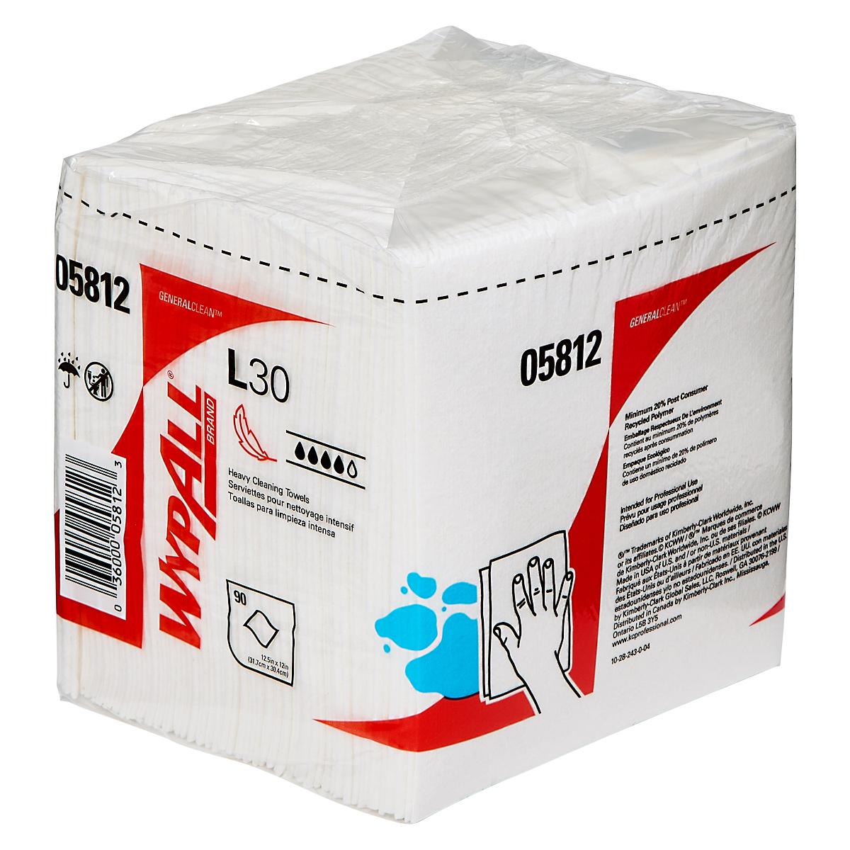 WypAll® L30 Cleaning Wipe 12X12.5 IN DRC White 1/4 Fold 90 Count/Pack 12 Packs/Case 1080 Count/Case