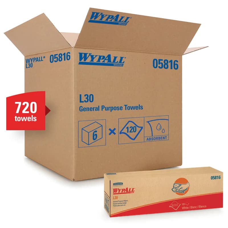 WypAll® L30 Cleaning Wipe 9.8X16.4 IN DRC White Pop-Up Box 120 Sheets/Pack 6 Packs/Case 720 Sheets/Case