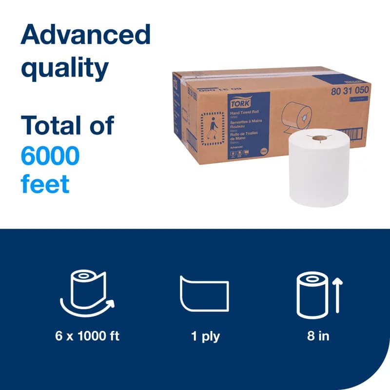 Tork Roll Paper Towel H80 7.938IN X1000FT White Standard Roll Refill 7.85IN Roll 1.925IN Core Diameter 6 Rolls/Case