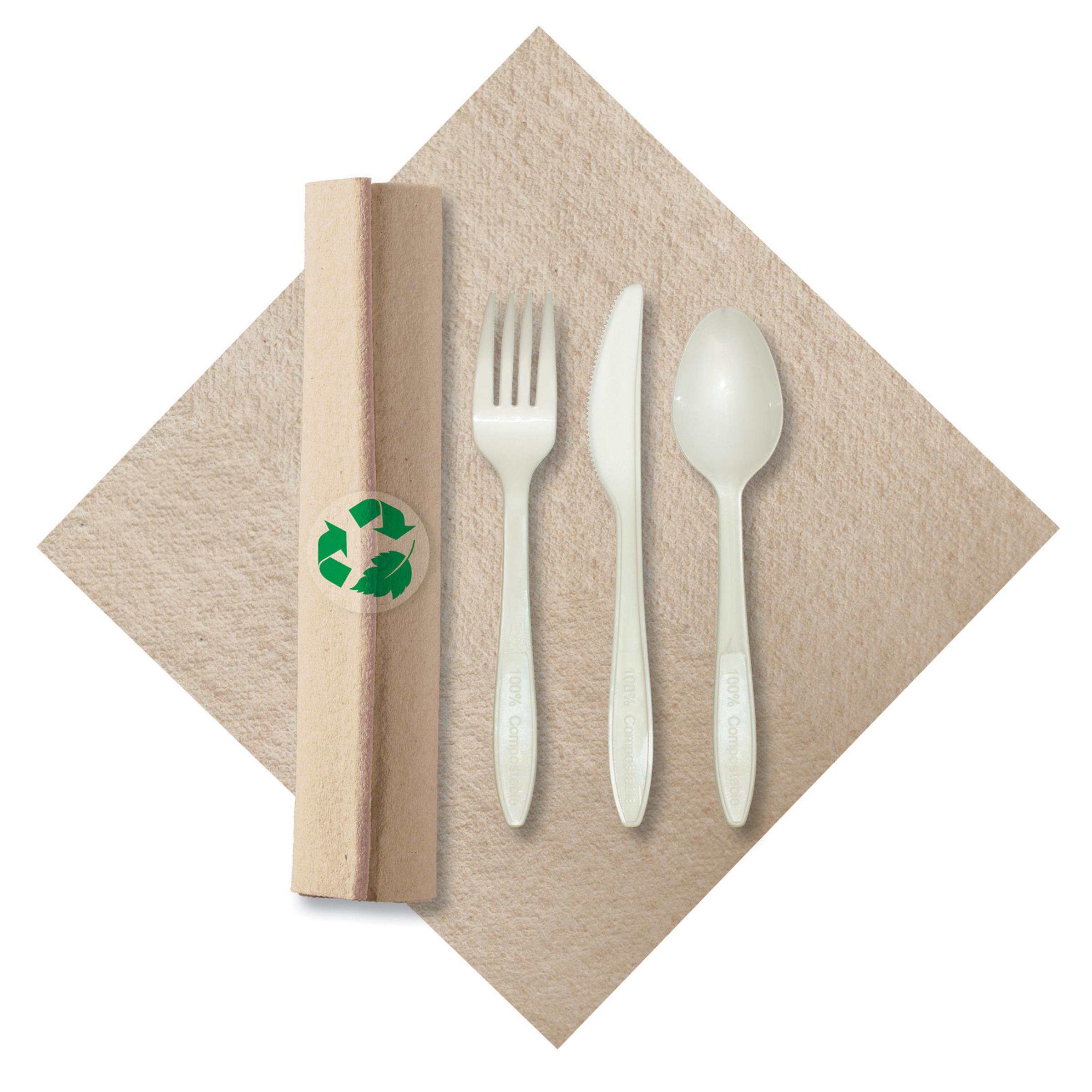 CaterWrap® Linen-Like Natural® 4PC Cutlery Kit White Pre-Rolled With Napkin,Fork,Knife,Teaspoon 100/Case