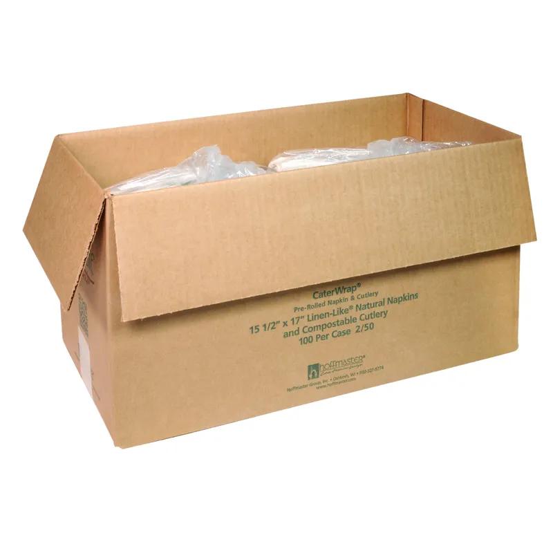 CaterWrap® Linen-Like Natural® 4PC Cutlery Kit White Pre-Rolled With Napkin,Fork,Knife,Teaspoon 100/Case