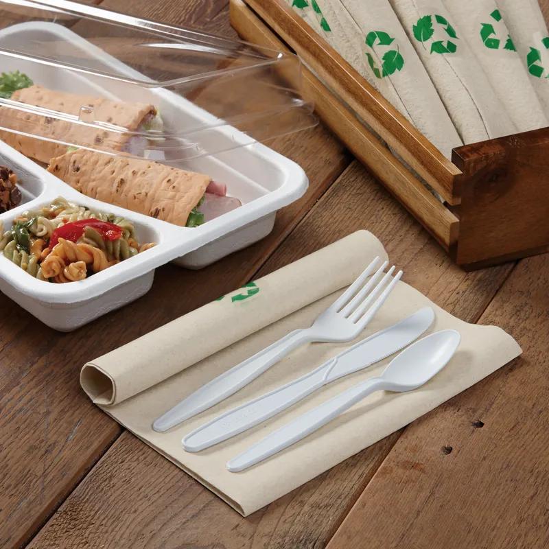 CaterWrap® Linen-Like Natural® 4PC Cutlery Kit White Pre-Rolled With Napkin,Fork,Knife,Teaspoon 100/Case