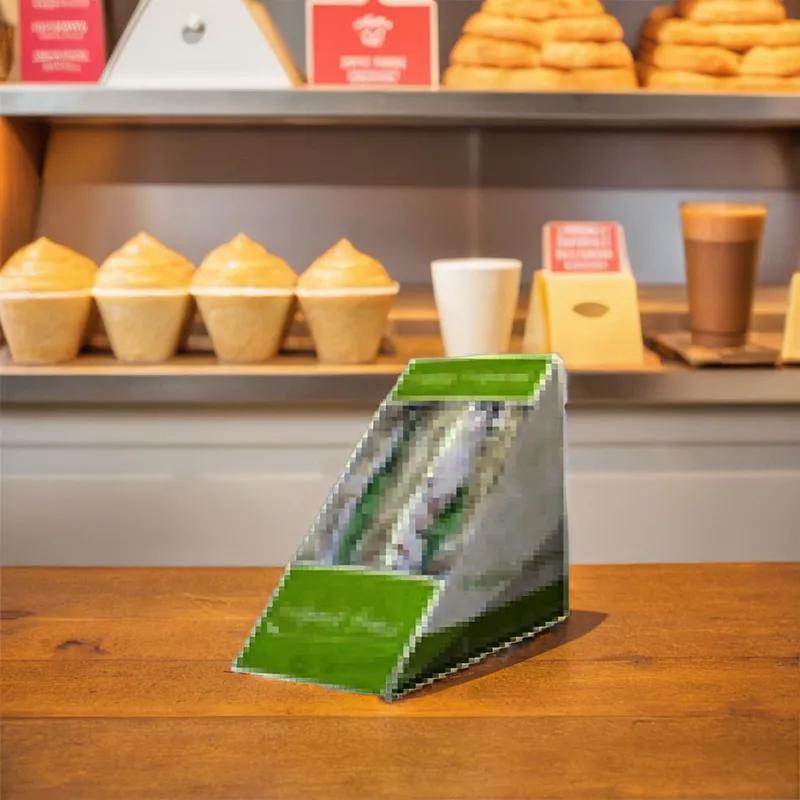 Sandwich Wedge Take-Out Box Tuck-Top With Flat Lid Paperboard Kraft Green Triangle Deep 500/Case