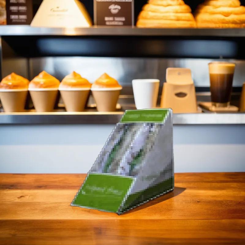 Sandwich Wedge Take-Out Box Tuck-Top With Flat Lid Paperboard Kraft Green Triangle Deep 500/Case