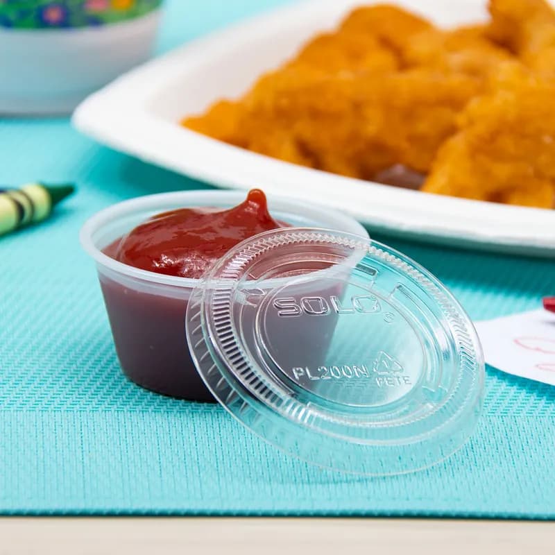 Solo® Lid Flat Medium (MED) 2.577X0.3 IN PET Clear Round For 2 OZ Souffle & Portion Cup 125 Count/Pack 20 Packs/Case