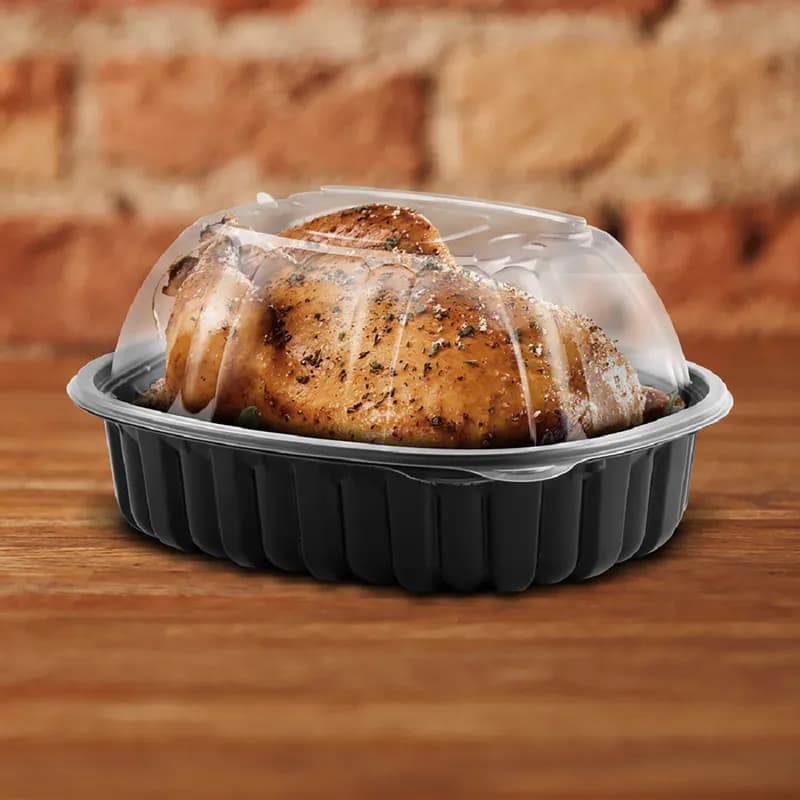 Roasted Chicken Container & Lid Combo Roaster With Dome Lid Large (LG) 9.38X7.45X4.5 IN PP Black Clear 170/Case