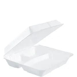 Dart® Take-Out Container Hinged 9.5X9.19X3 IN 3 Compartment XPS White Insulated Convertible 100 Count/Pack 2 Packs/Case
