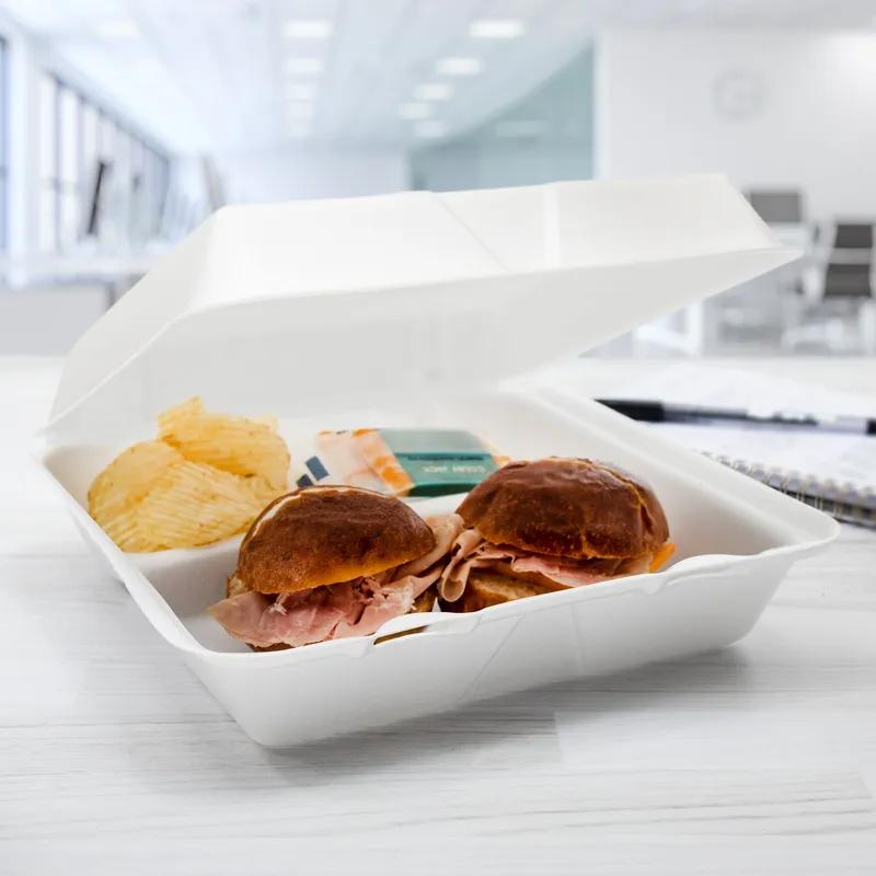 Dart® Take-Out Container Hinged 9.5X9.19X3 IN 3 Compartment XPS White Insulated Convertible 100 Count/Pack 2 Packs/Case