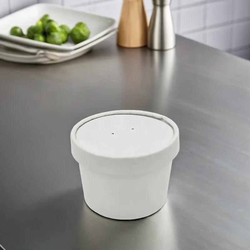 Food Container Base & Lid Combo With Flat Lid 8 OZ Double Wall Poly-Coated Paper White Round 250/Case