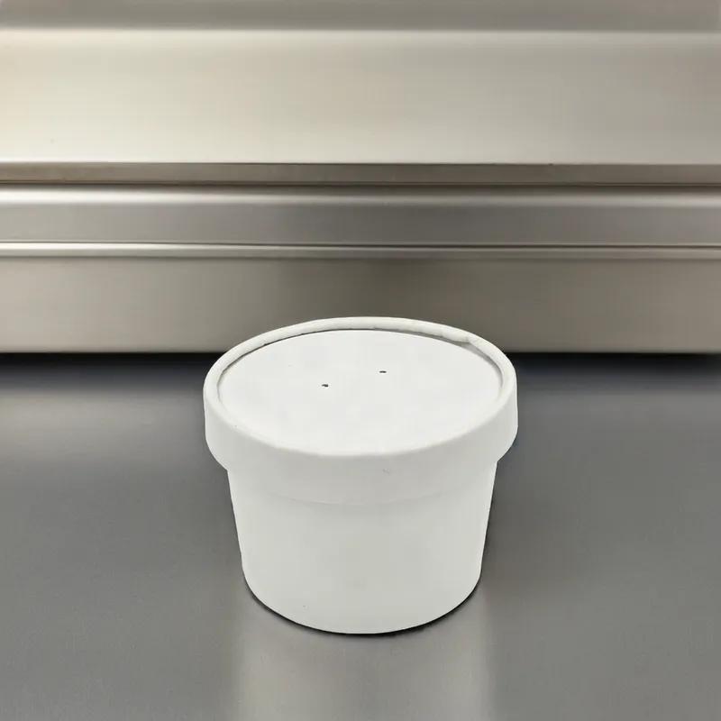 Food Container Base & Lid Combo With Flat Lid 8 OZ Double Wall Poly-Coated Paper White Round 250/Case