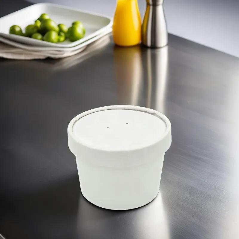 Food Container Base & Lid Combo With Flat Lid 8 OZ Double Wall Poly-Coated Paper White Round 250/Case