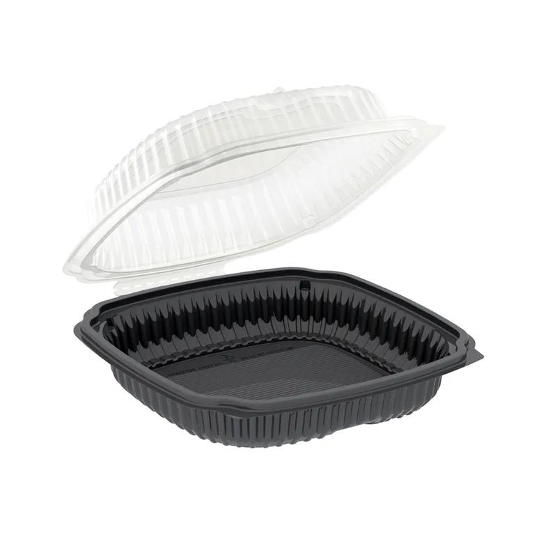 Take-Out Container Hinged With Dome Lid 9X9 IN PP Black Clear Square Convertible Anti-Fog 100/Case