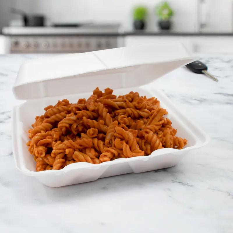 Dart® Take-Out Container Hinged Large (LG) 9.5X9.19X3 IN XPS White Square Insulated 100 Count/Pack 2 Packs/Case