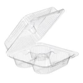 Essentials SureLock Muffin Hinged Container With Dome Lid 7.625X8.0625X3 IN 4 Compartment RPET Clear Square Shallow 300/Case