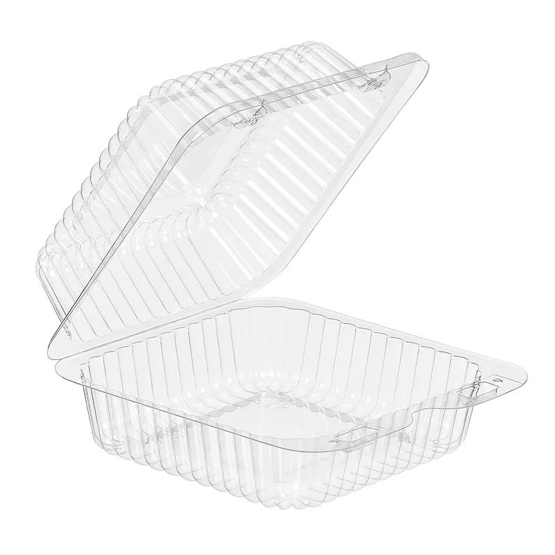 Essentials Take-Out Container Hinged With Dome Lid 5X5X3 IN RPET Clear Square Shallow Bar Lock 500/Case