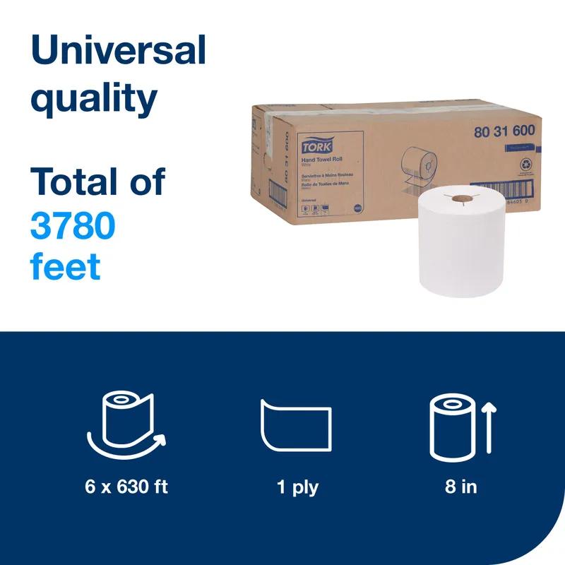Tork Controlled® Roll Paper Towel H80 8IN X630FT White Standard Roll Y-Notch Embossed Refill 6 Rolls/Case