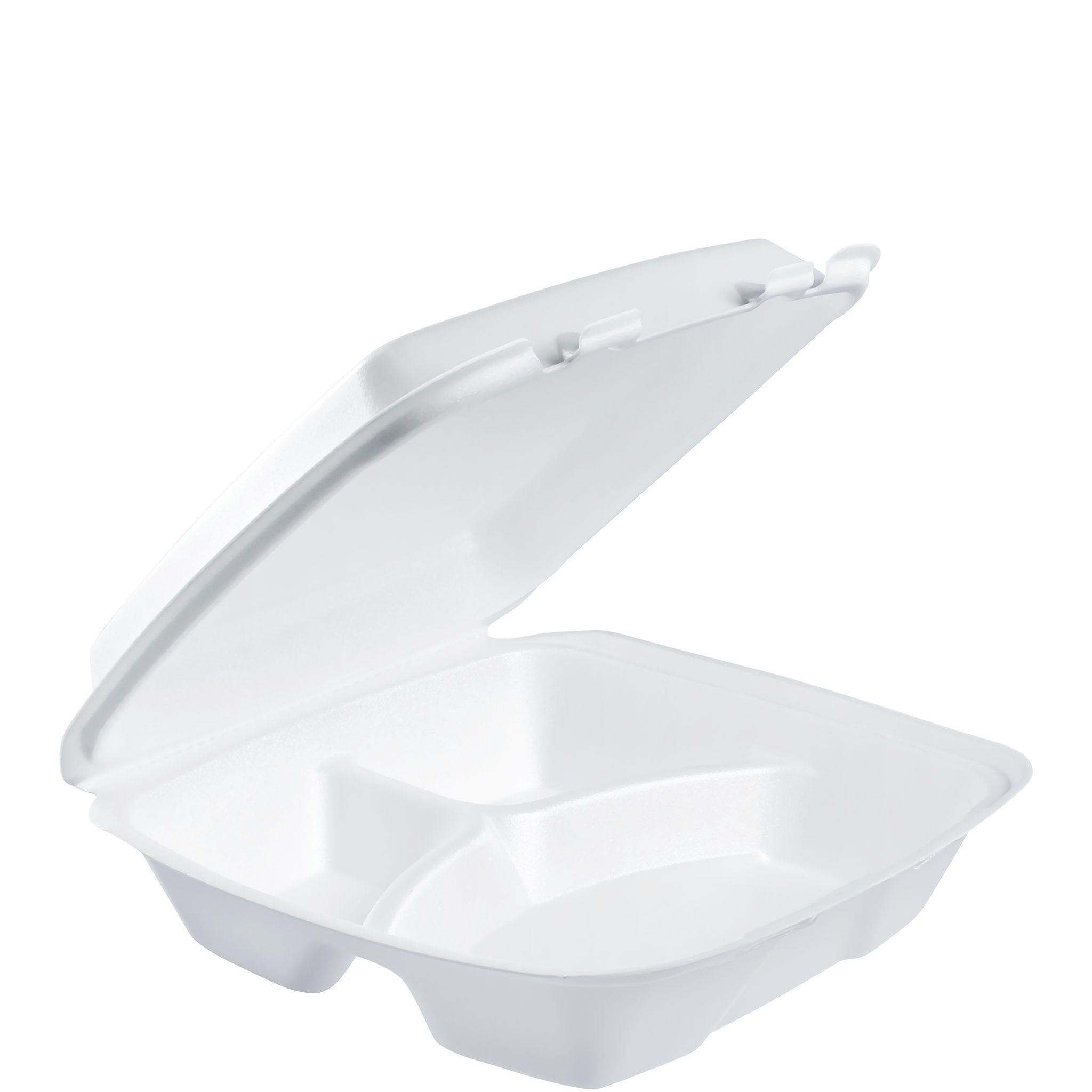 Dart® Take-Out Container Hinged 9.4X9.01X3.1 IN 3 Compartment XPS White Insulated Convertible 100 Count/Pack 2 Packs/Case