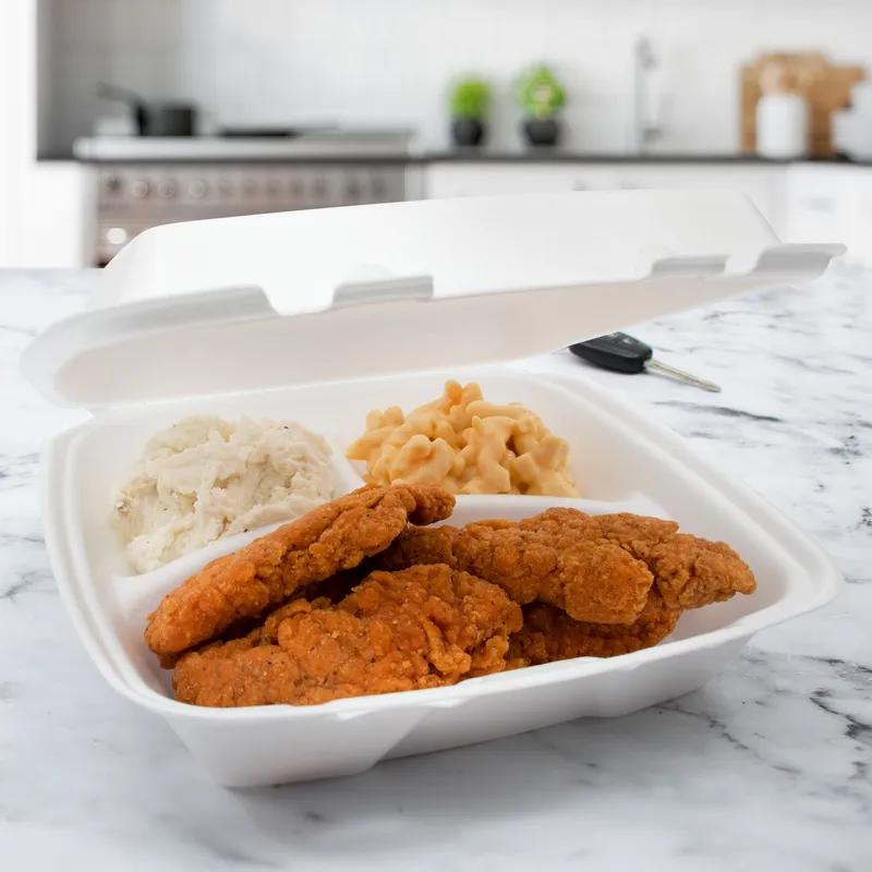 Dart® Take-Out Container Hinged 9.4X9.01X3.1 IN 3 Compartment XPS White Insulated Convertible 100 Count/Pack 2 Packs/Case