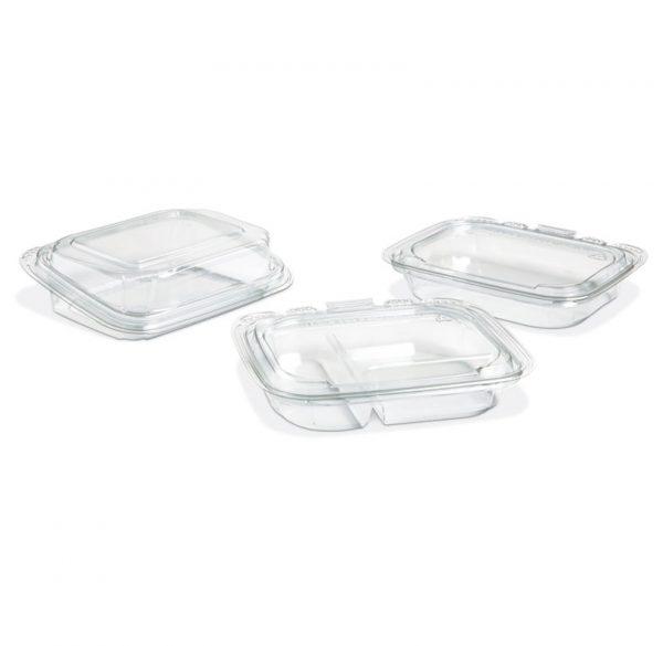 Crystal Seal® Bowl & Lid Combo With Flat Lid 13 OZ 3 Compartment PET Clear Rectangle Hinged 200/Case