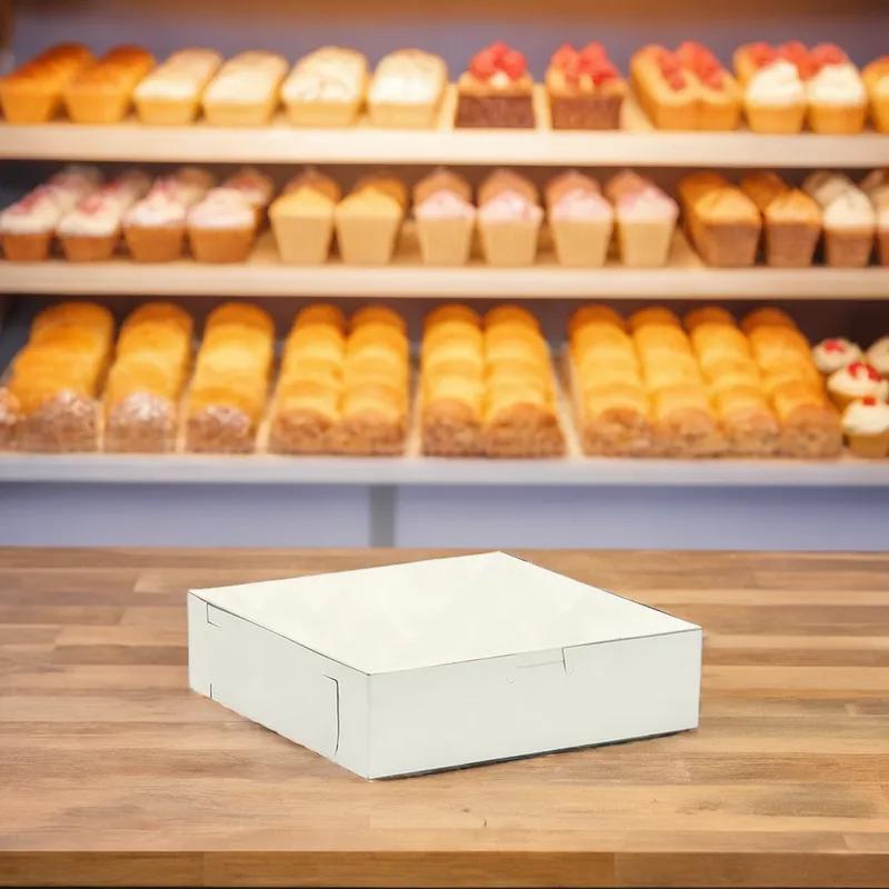 Easy Lock Cake Box 9X9X2.5 IN SUS Paperboard CRB White Square Lock Corner 1-Piece 250/Bundle