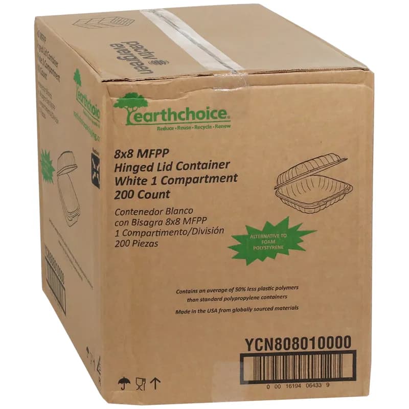 Take-Out Container Hinged With Dome Lid 8.3X8.4X3.1 IN MFPP White Square 200/Case