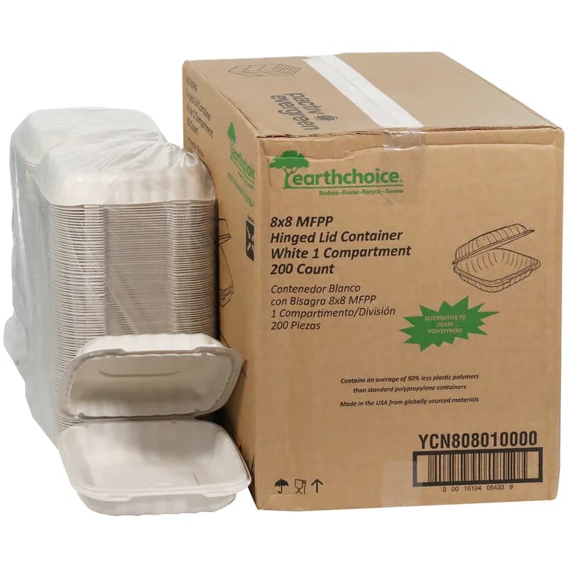 Take-Out Container Hinged With Dome Lid 8.3X8.4X3.1 IN MFPP White Square 200/Case