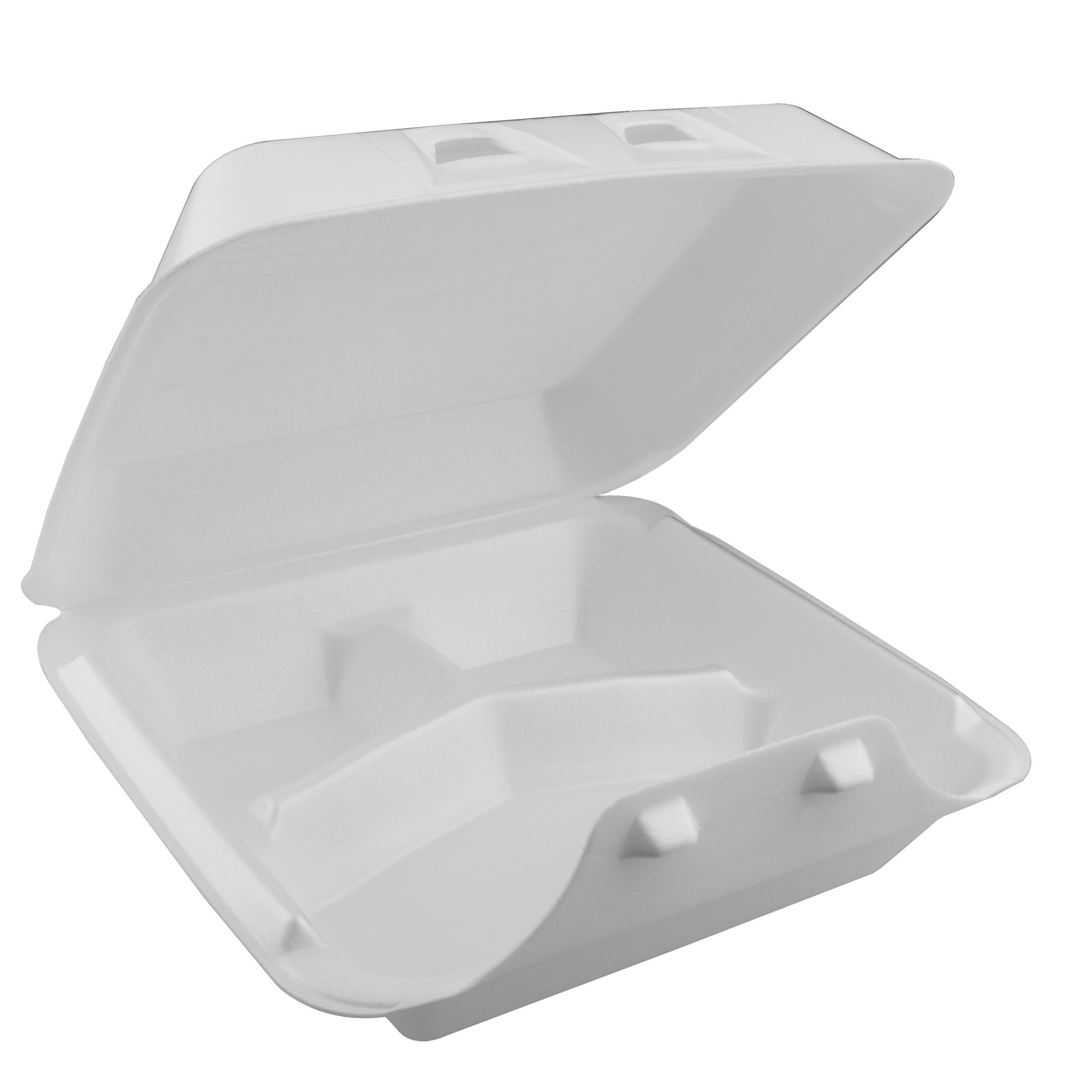 Take-Out Container Hinged With Dome Lid Large (LG) 9X9.3X3.3 IN 3 Compartment Polystyrene Foam White Square 150/Case