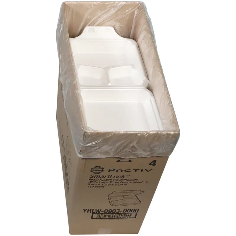 Take-Out Container Hinged With Dome Lid Large (LG) 9X9.3X3.3 IN 3 Compartment Polystyrene Foam White Square 150/Case
