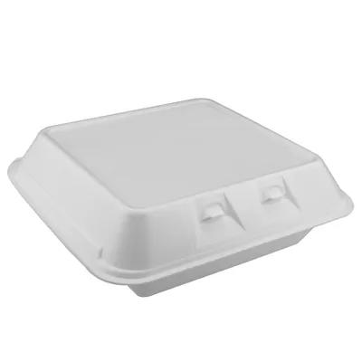 Take-Out Container Hinged With Dome Lid Large (LG) 9X9.3X3.3 IN 3 Compartment Polystyrene Foam White Square 150/Case