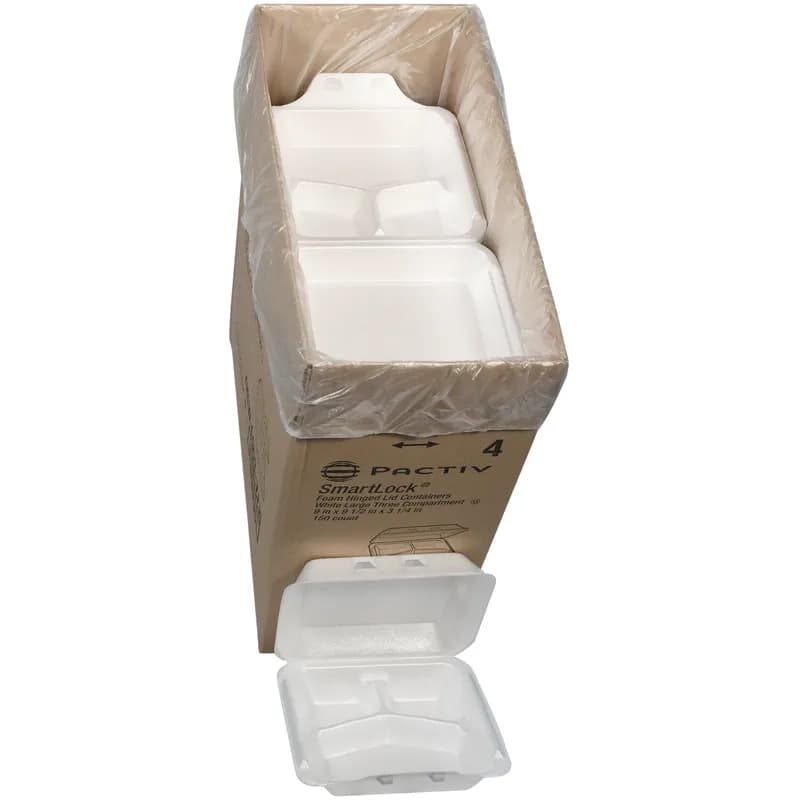 Take-Out Container Hinged With Dome Lid Large (LG) 9X9.3X3.3 IN 3 Compartment Polystyrene Foam White Square 150/Case