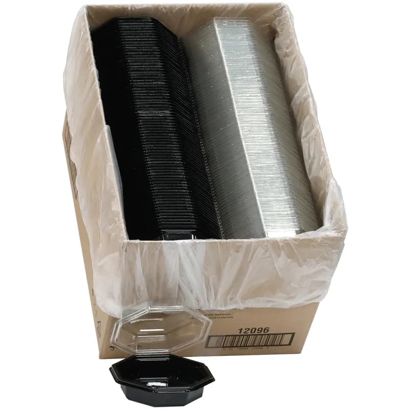 Take-Out Container Hinged With Dome Lid 6.5X6.5X2.625 IN RPET Black Clear Octagon 150/Case