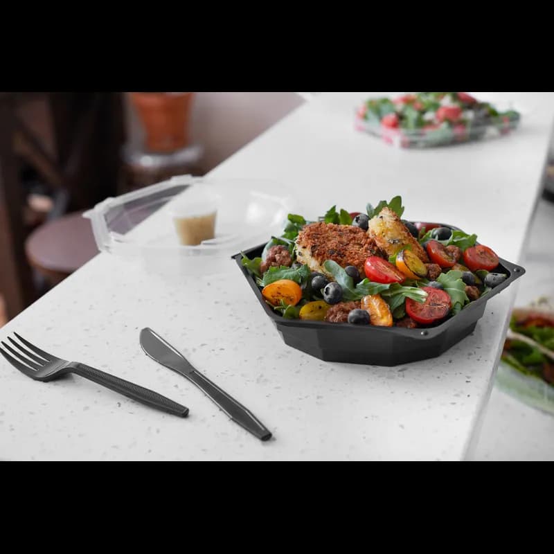 Take-Out Container Hinged With Dome Lid 6.5X6.5X2.625 IN RPET Black Clear Octagon 150/Case