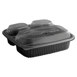 Take-Out Container Base & Lid Combo 33 OZ 3 Compartment PP Black Clear Square Microwave Safe Anti-Fog 150/Case