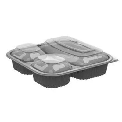 Take-Out Container Base & Lid Combo 33 OZ 3 Compartment PP Black Clear Square Microwave Safe Anti-Fog 150/Case
