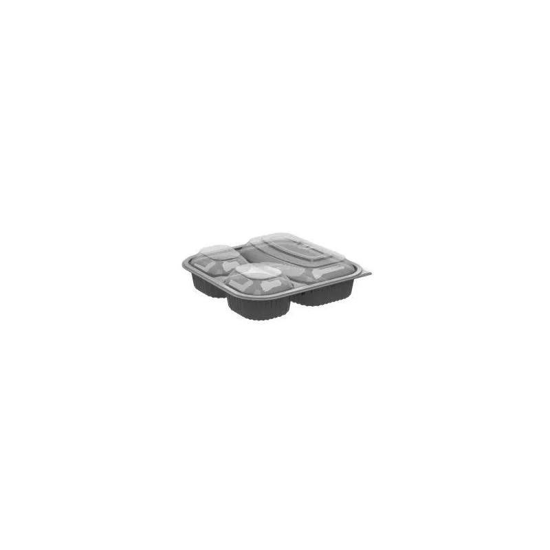 Take-Out Container Base & Lid Combo 33 OZ 3 Compartment PP Black Clear Square Microwave Safe Anti-Fog 150/Case