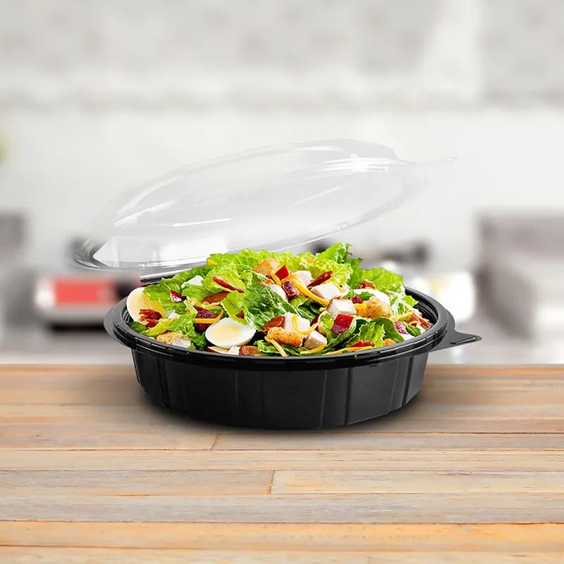 Cold Take-Out Container Hinged With Dome Lid 7.88 IN RPET Black Clear Round Shallow 100/Case