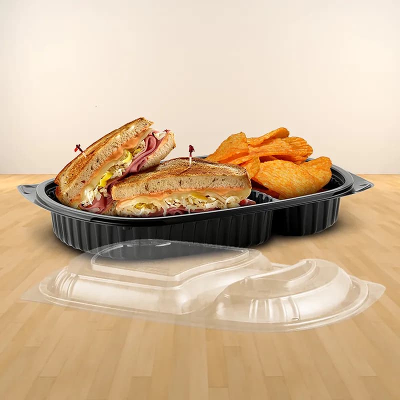 Take-Out Container Base 7X10X1.25 IN 2 Compartment PP Black Microwave Safe 250/Case