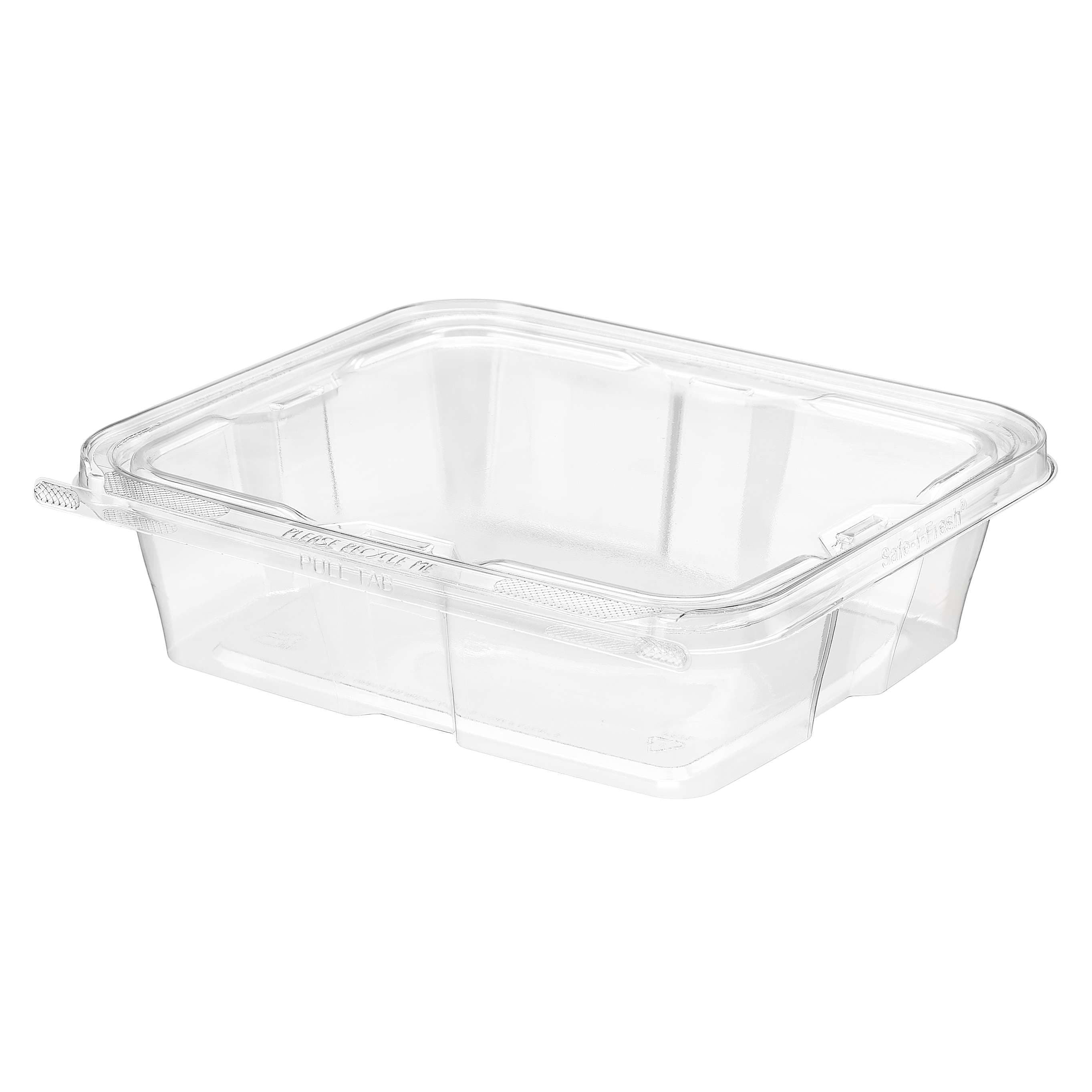 Safe-T-Fresh® Deli Container Hinged With Flat Lid 48 OZ RPET Clear Rectangle 150/Case