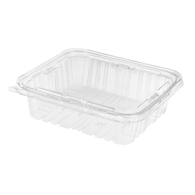 Safe-T-Fresh® Deli Container Hinged With Flat Lid 48 OZ RPET Clear Rectangle 150/Case