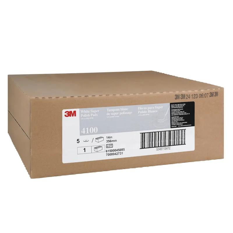 3M™ 4100 Scrubbing Pad 14X1 IN White Non-Woven Polyester Fiber 175-600 RPM Center Hole 5/Case