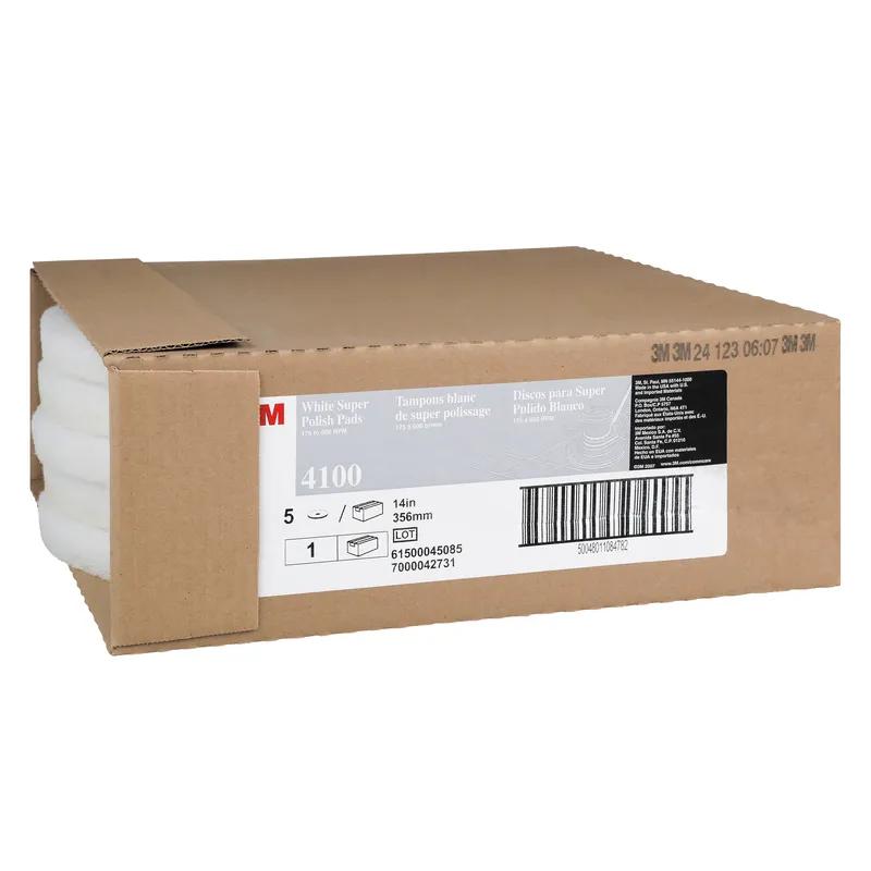 3M™ 4100 Scrubbing Pad 14X1 IN White Non-Woven Polyester Fiber 175-600 RPM Center Hole 5/Case