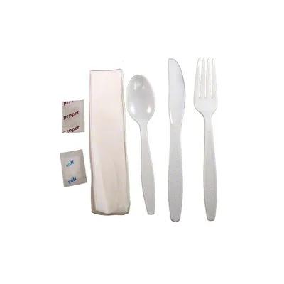 6PC Cutlery Kit PS White Heavy Duty With 1PLY Napkin,Fork,Knife,Salt & Pepper,Teaspoon 250/Case