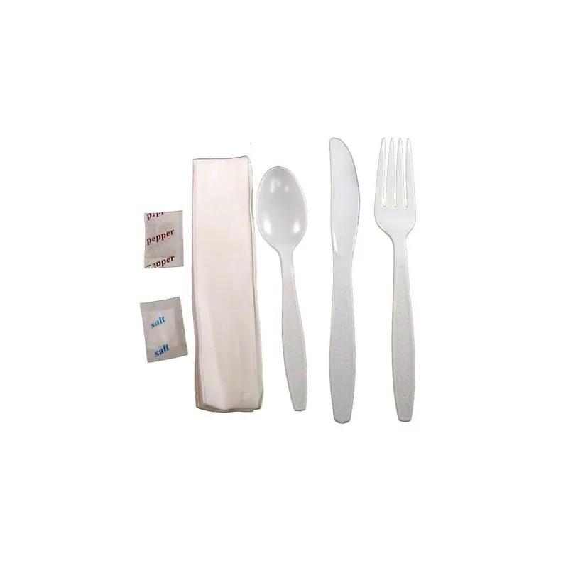 6PC Cutlery Kit PS White Heavy Duty With 1PLY Napkin,Fork,Knife,Salt & Pepper,Teaspoon 250/Case