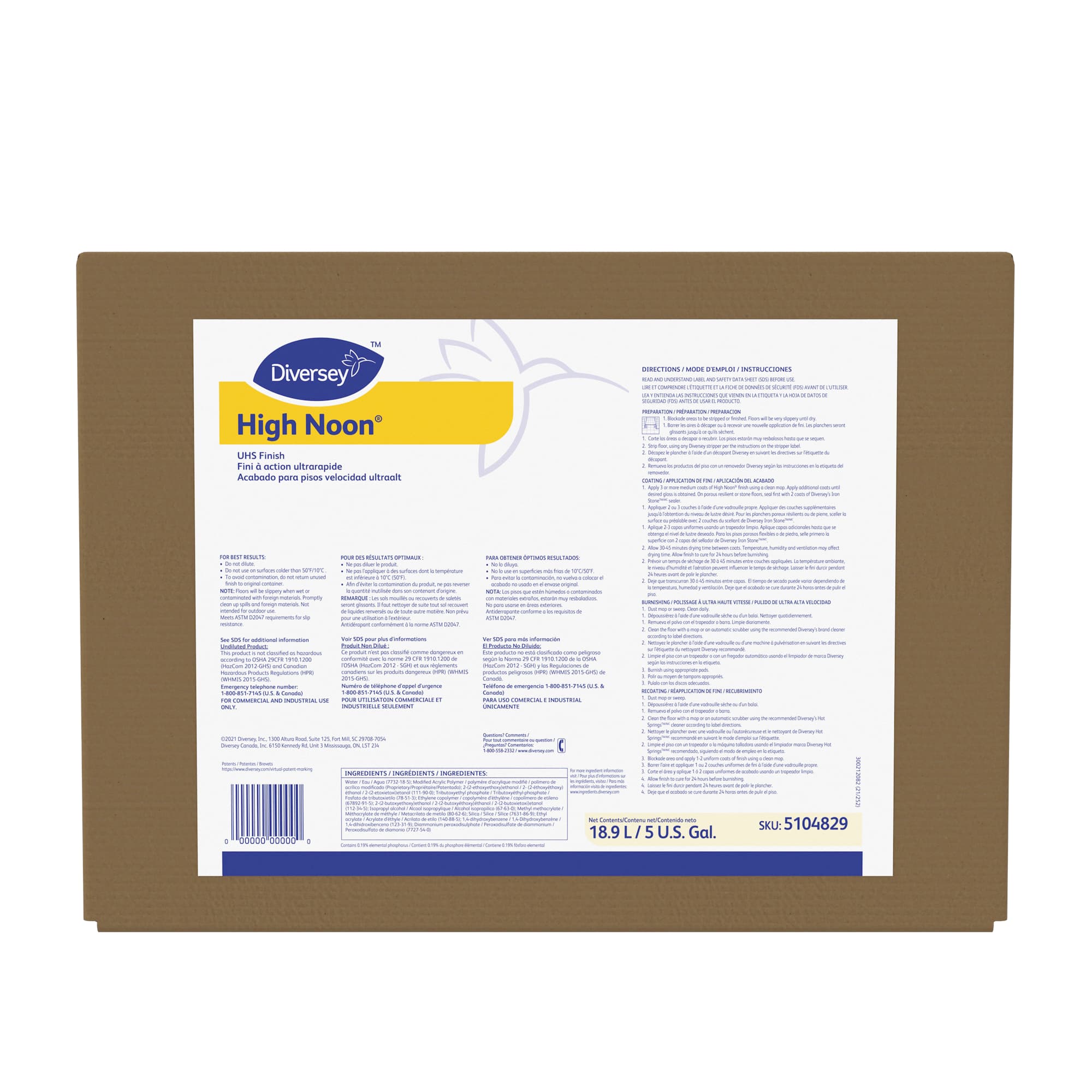 High Noon® Floor Finish 5 GAL Burnishing Liquid RTU Bag-in-Box (BIB) 20% Solids 1/Case