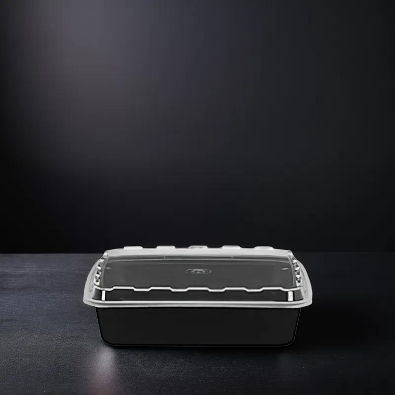 Take-Out Container Base & Lid Combo With Dome Lid 48 OZ Plastic Black Clear Square 100/Case